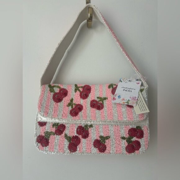 Viral beaded Cherry Pink striped shoulder bag - Picture 2 of 5